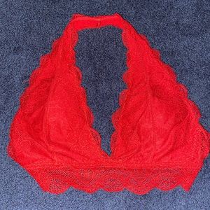 Tanya’s bralette around the neck in the color red